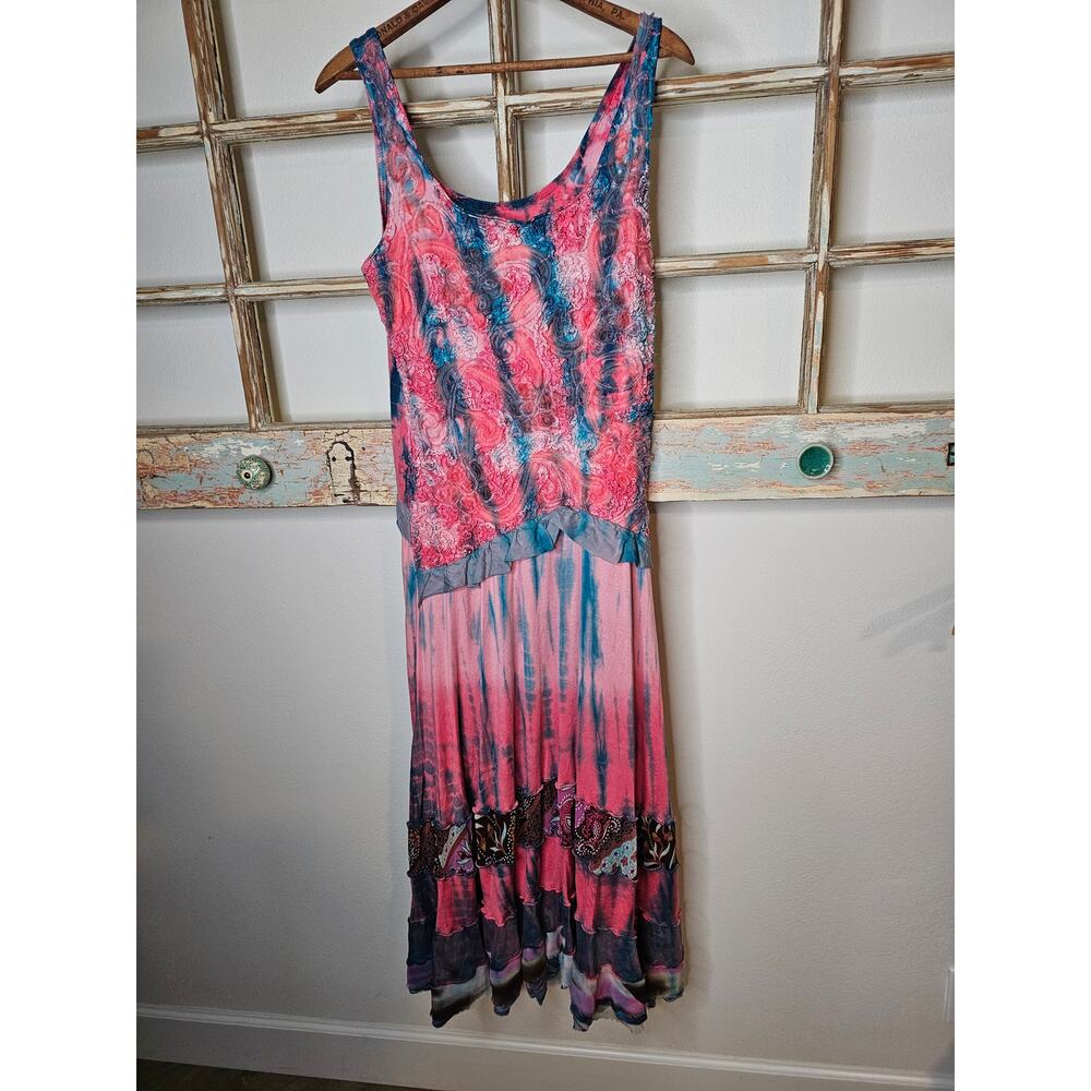 Boho Tie Dye Sleeveless Midi Dress With Layers of Detail Ladies size Medium - Picture 2 of 8